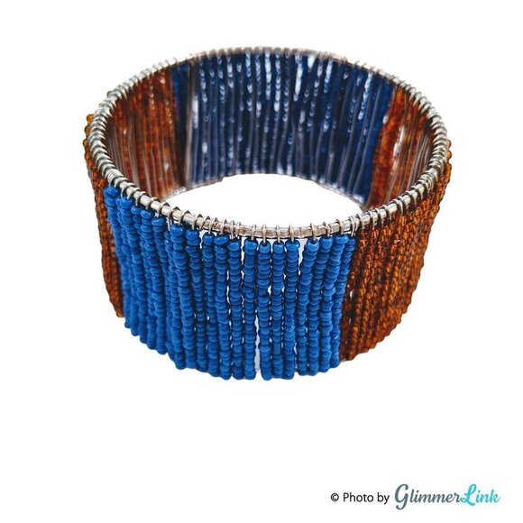 Brown & Royal Blue Wire Wrapped Beaded Bangle - Picture 4 of 8
